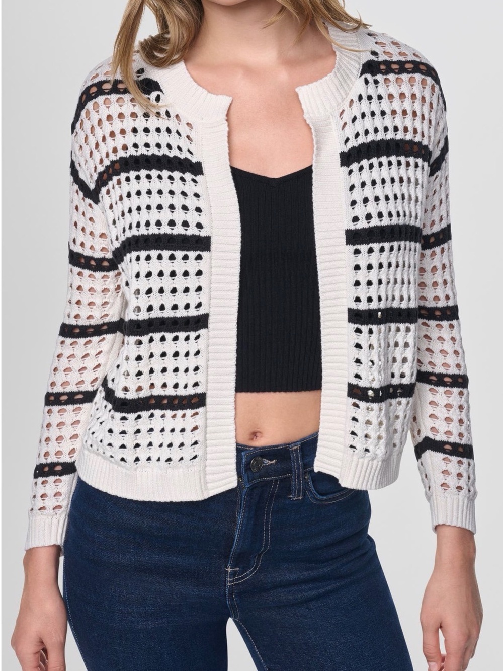 DKNY Striped Openwork Cardigan - Eggnog & Black